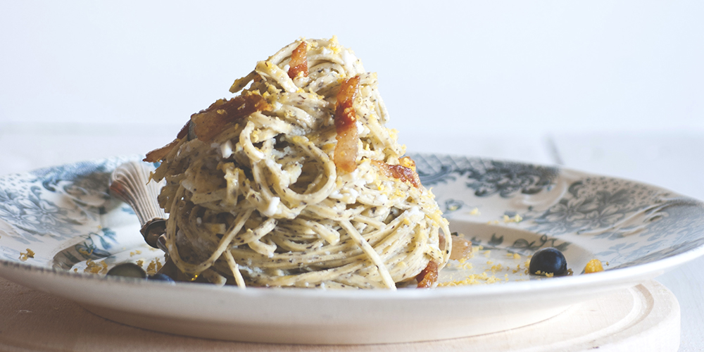 Truffle Tagliolini with hard-boiled egg carbonara and blueberries