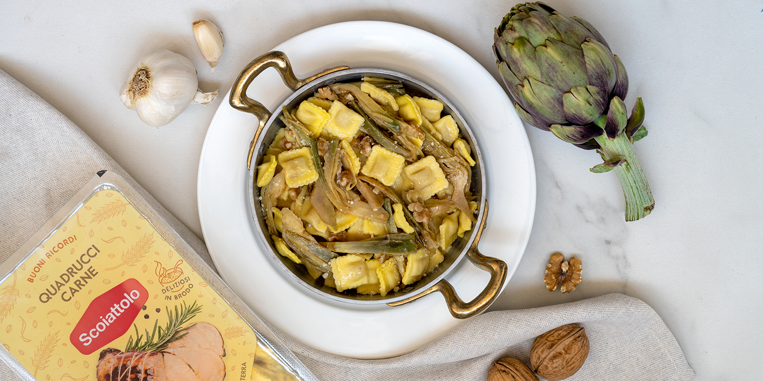 Ricetta con Quadrucci alla carne: paste con carciofi e noci mantecate al Parmigiano