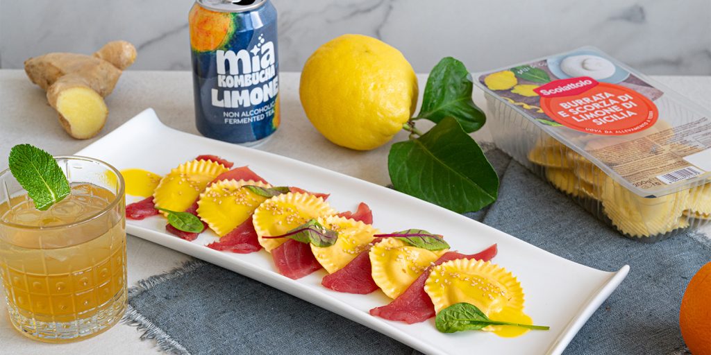 Ravioli Burrata e Limone con carpaccio di tonno e salsa agli agrumi